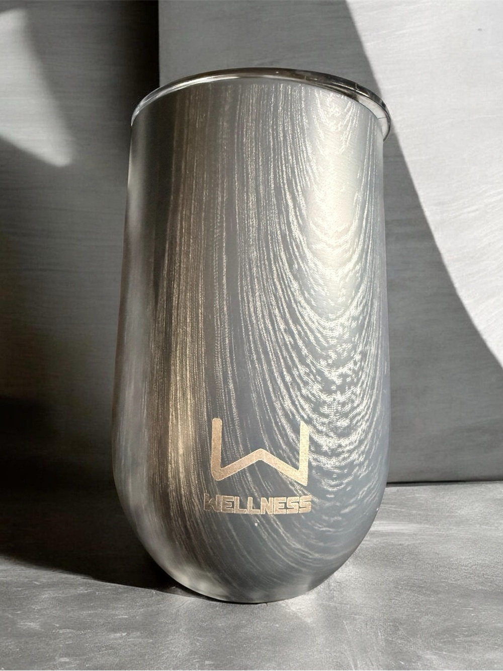 WELLNESS Brushed Silver Woodgrain Insulated Tumbler
